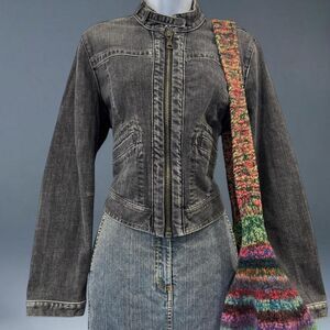 Y2K Moto Denim Jacket Cropped GAP Charcoal Cargo Pockets Large